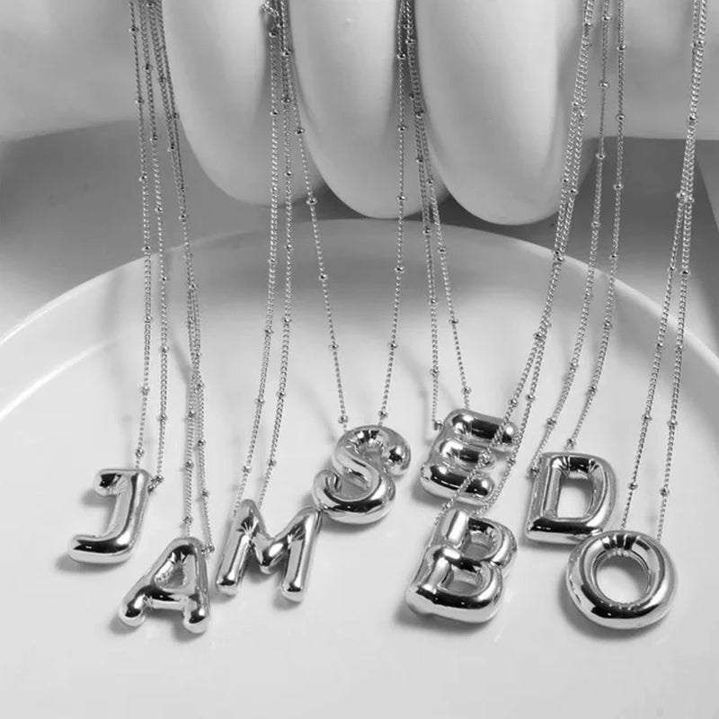 Vintage Stainless Steel Balloon Bubble Chunky Letter Necklace for Women 18K Gold Plated Initial Necklaces Collar Jewelry Gift