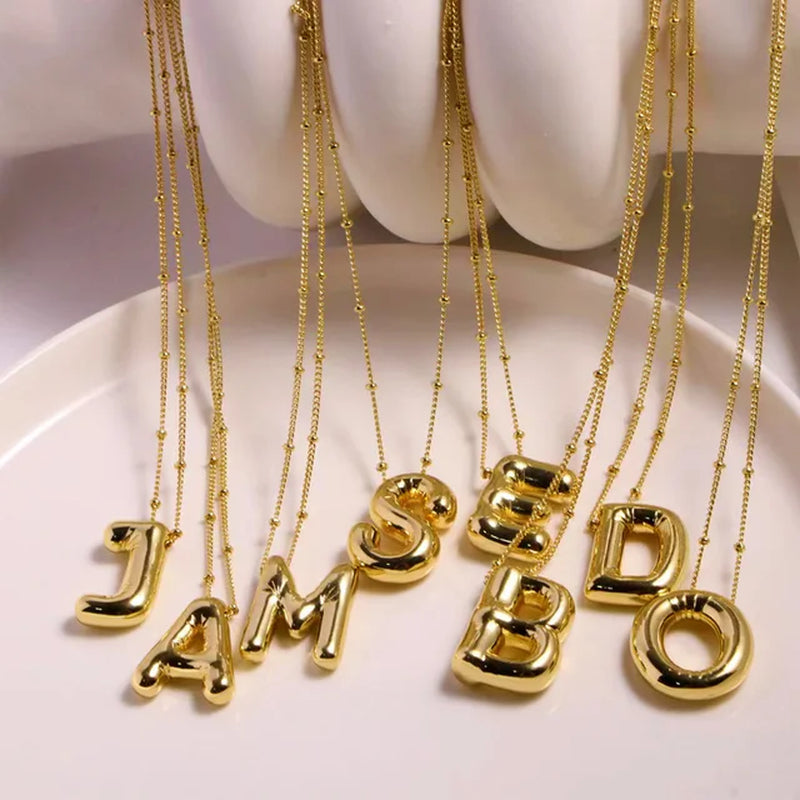 Vintage Stainless Steel Balloon Bubble Chunky Letter Necklace for Women 18K Gold Plated Initial Necklaces Collar Jewelry Gift