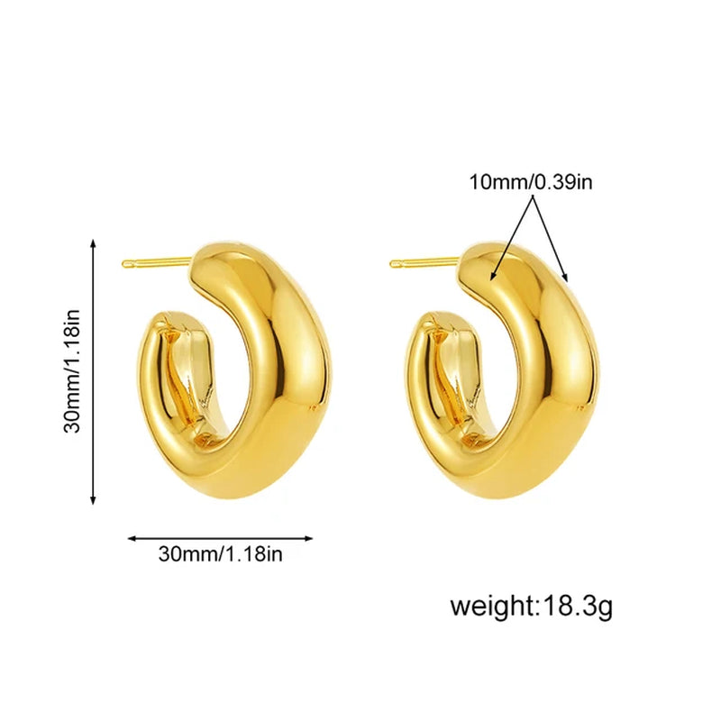 New Retro Stainless Steel Chunky C Shape Hoop Earrings Glossy Gold Plated PVD Circle round Tube Huggie Hoops Stacked Ear Jewelry