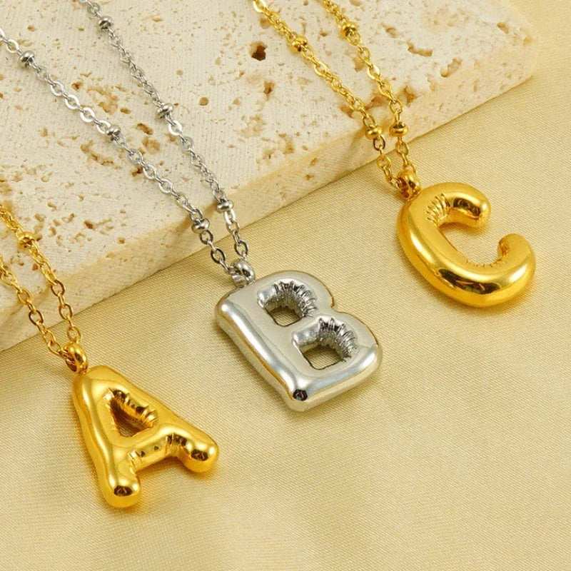 Vintage Stainless Steel Balloon Bubble Chunky Letter Necklace for Women 18K Gold Plated Initial Necklaces Collar Jewelry Gift