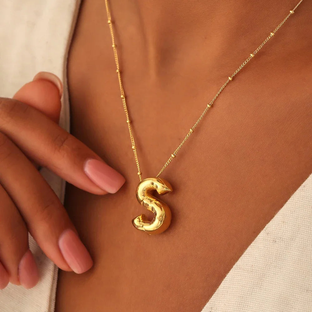 Vintage Stainless Steel Balloon Bubble Chunky Letter Necklace for Women 18K Gold Plated Initial Necklaces Collar Jewelry Gift