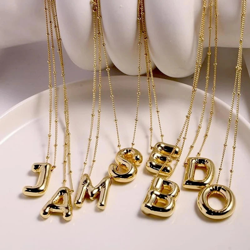 Vintage Stainless Steel Balloon Bubble Chunky Letter Necklace for Women 18K Gold Plated Initial Necklaces Collar Jewelry Gift