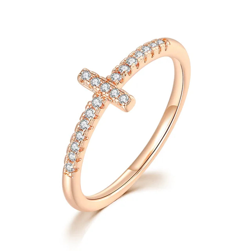 Cross Ring for Women Korean Fashion Micro-Inlaid Zircon Dainty Rings Rose Gold Plated Crystal Finger Accessories Jewelry R715