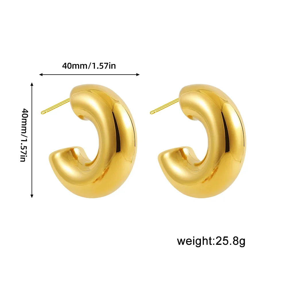 New Retro Stainless Steel Chunky C Shape Hoop Earrings Glossy Gold Plated PVD Circle round Tube Huggie Hoops Stacked Ear Jewelry