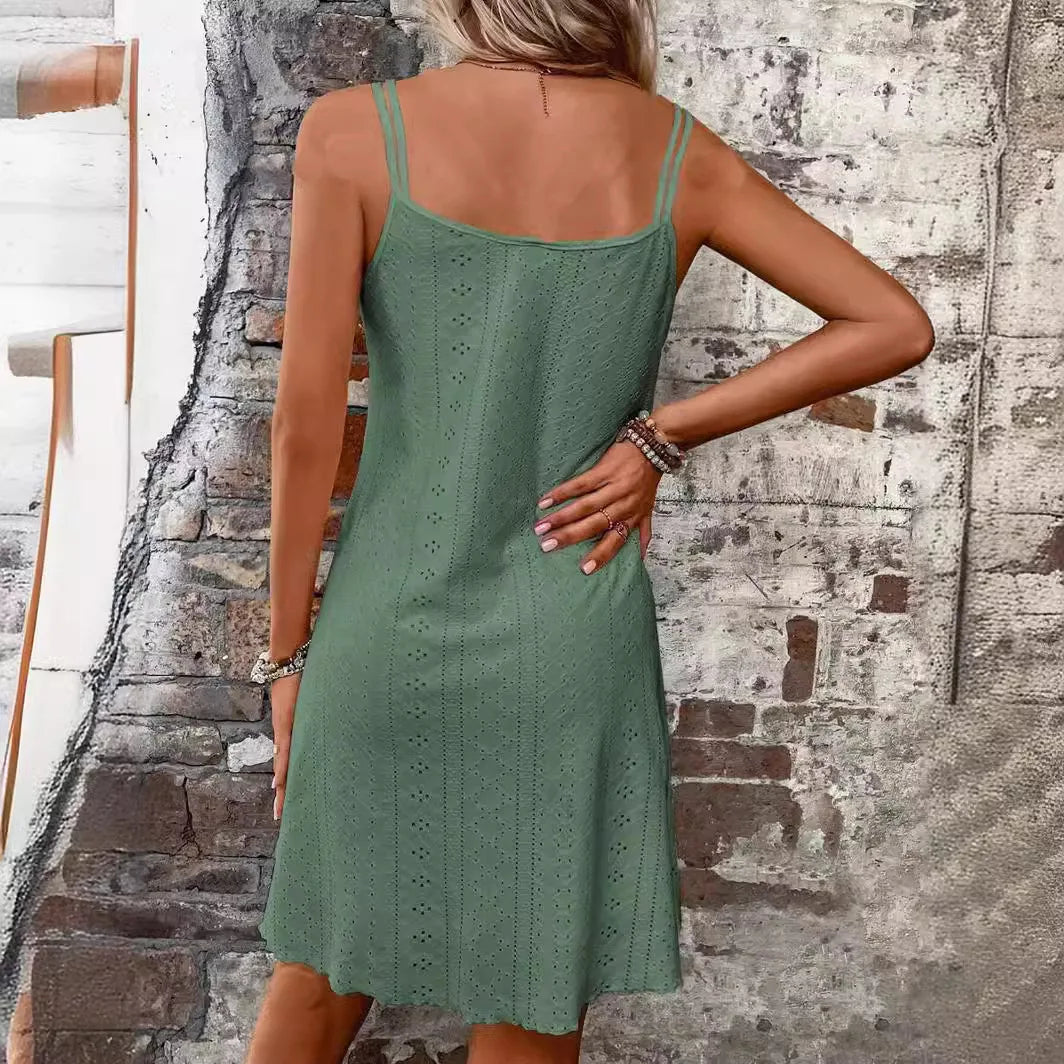 Women Summer Strap A-Line Dress Ladies Sleeveless Beach Hollow Sundress