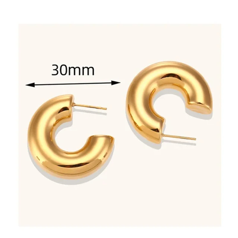 New Retro Stainless Steel Chunky C Shape Hoop Earrings Glossy Gold Plated PVD Circle round Tube Huggie Hoops Stacked Ear Jewelry